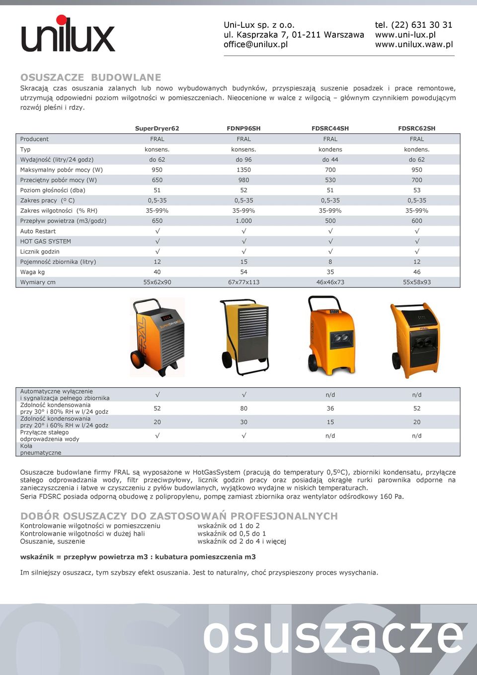 Wydajność (litry/24 godz) do 62 do 96 do 44 do 62 Maksymalny pobór mocy (W) 950 1350 700 950 Przeciętny pobór mocy (W) 650 980 530 700 Poziom głośności (dba) 51 52 51 53 Zakres pracy (º C) 0,5-35