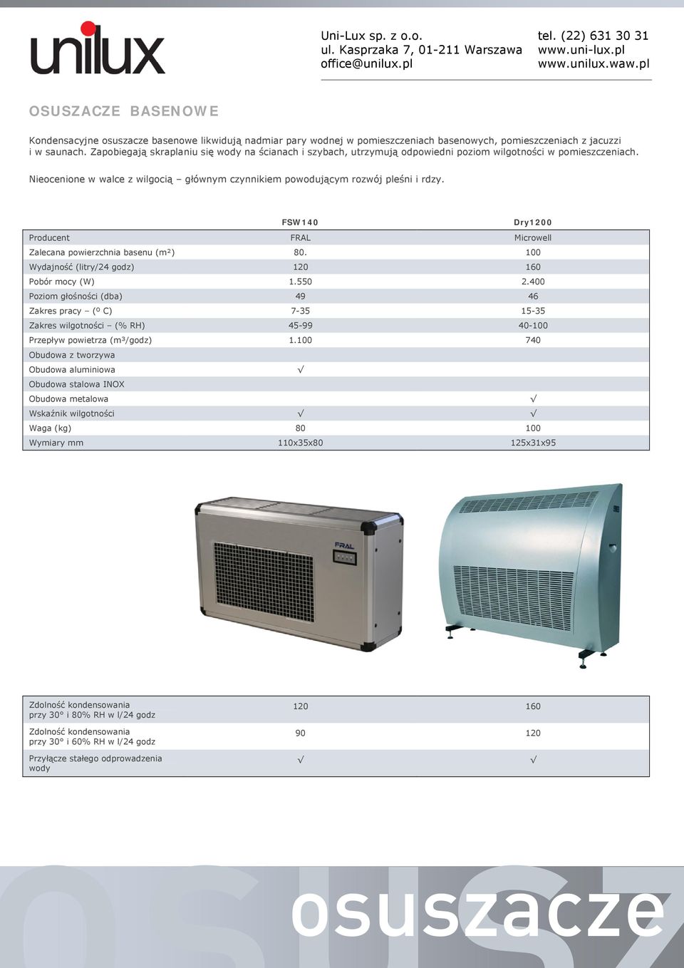 FSW140 Dry1200 Producent FRAL Microwell Zalecana powierzchnia basenu (m²) 80. 100 Wydajność (litry/24 godz) 120 160 Pobór mocy (W) 1.550 2.