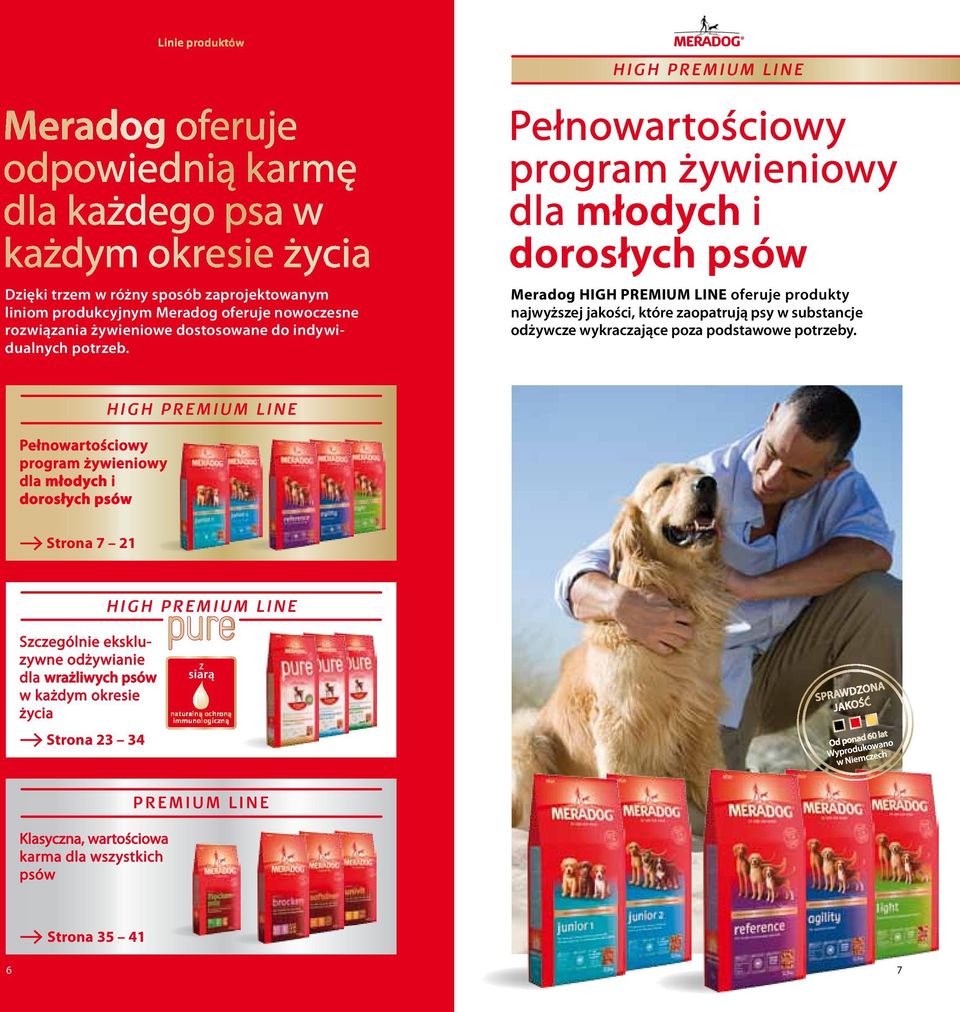 Pełnowartościowy program żywieniowy dla młodych i dorosłych psów Meradog HIGH PREMIUM LINE oferuje produkty najwyższej jakości, które zaopatrują psy w substancje odżywcze wykraczające