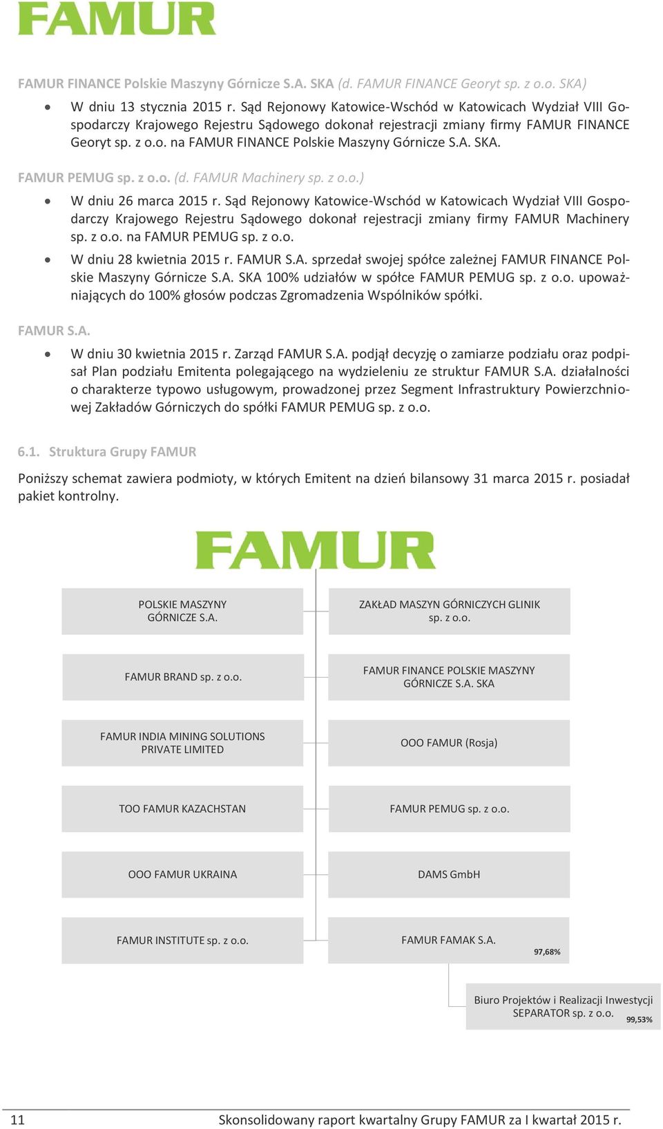 A. SKA. FAMUR PEMUG sp. z o.o. (d. FAMUR Machinery sp. z o.o.) FAMUR S.A. W dniu 26 marca 2015 r.