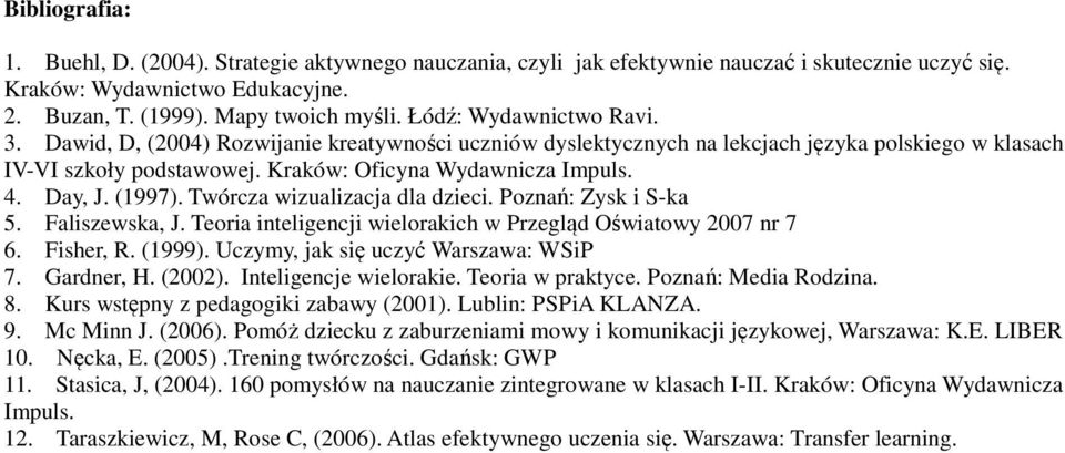 Day, J. (1997). Twórcza wizualizacja dla dzieci. Poznań: Zysk i S-ka 5. Faliszewska, J. Teoria inteligencji wielorakich w Przegląd Oświatowy 2007 nr 7 6. Fisher, R. (1999).