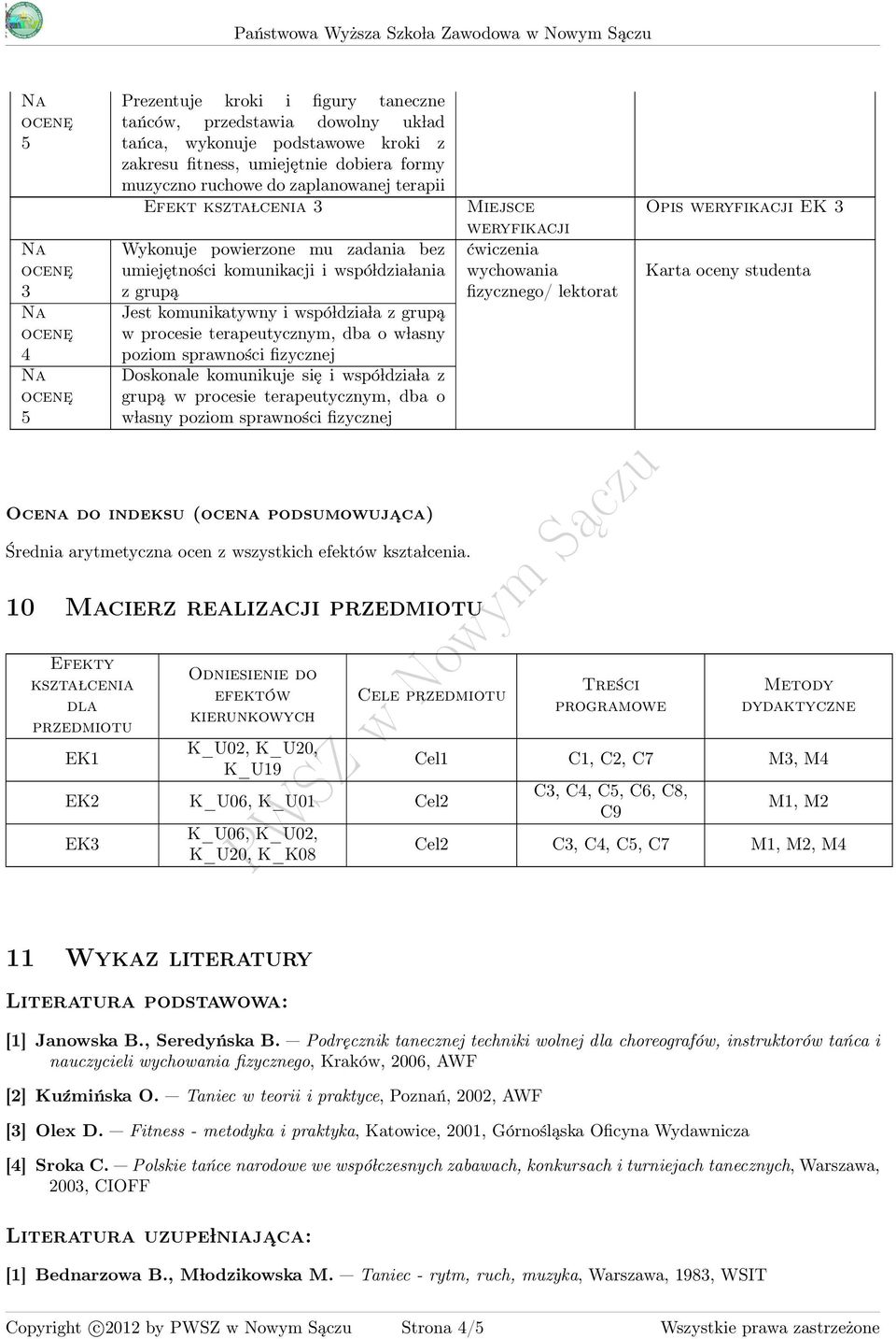 fizycznej Doskonale komunikuje się i wspó ldzia la z grupą w procesie terapeutycznym, dba o w lasny poziom sprawności fizycznej Ocena do indeksu (ocena podsumowuja ca) Średnia arytmetyczna ocen z