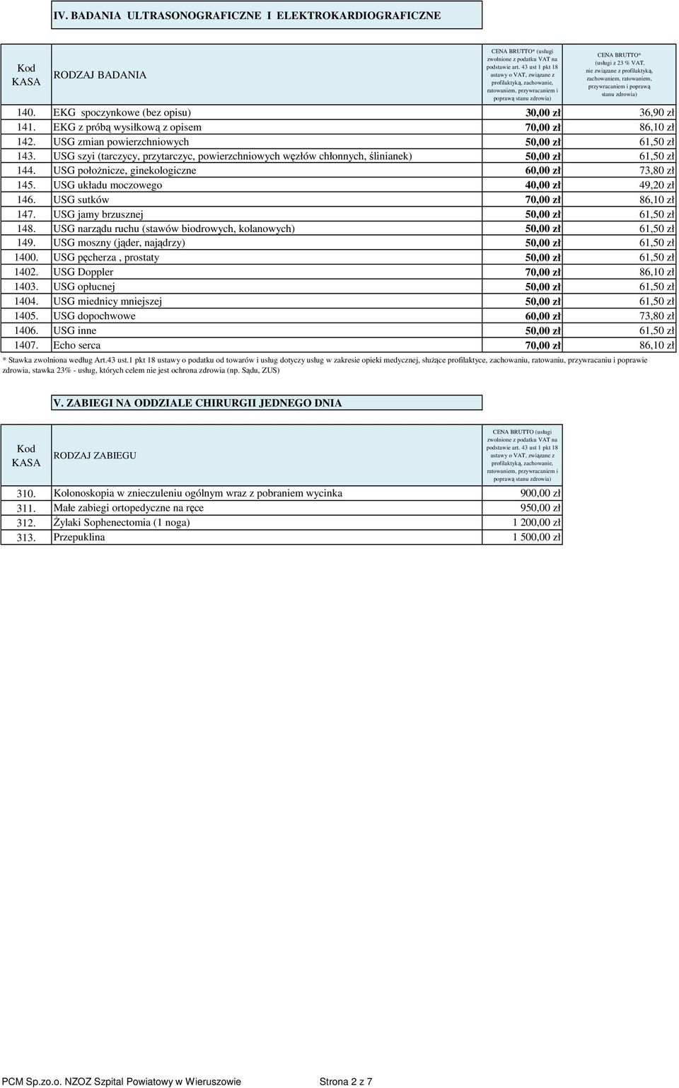 USG szyi (tarczycy, przytarczyc, powierzchniowych węzłów chłonnych, ślinianek) 50,00 zł 61,50 zł 144. USG położnicze, ginekologiczne 60,00 zł 73,80 zł 145. USG układu moczowego 40,00 zł 49,20 zł 146.