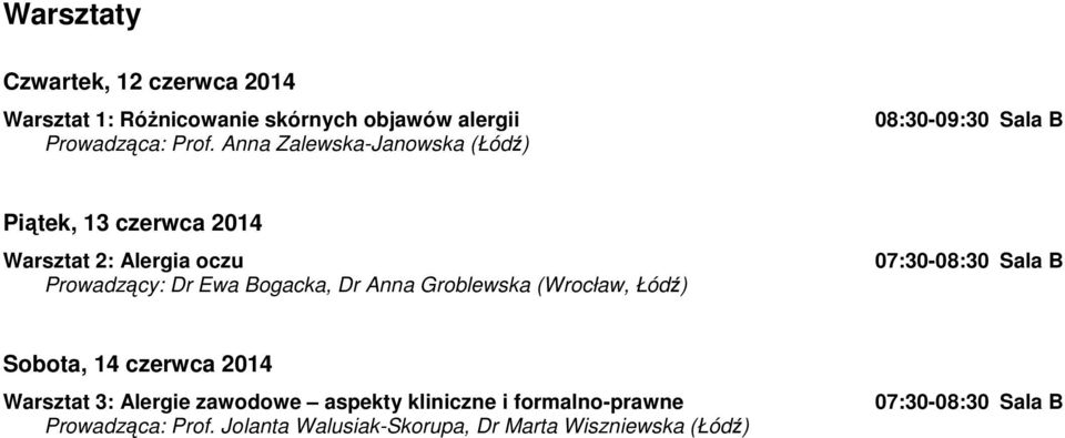 Ewa Bogacka, Dr Anna Groblewska (Wrocław, Łódź) 07:30-08:30 Sala B Sobota, 14 czerwca 2014 Warsztat 3: Alergie