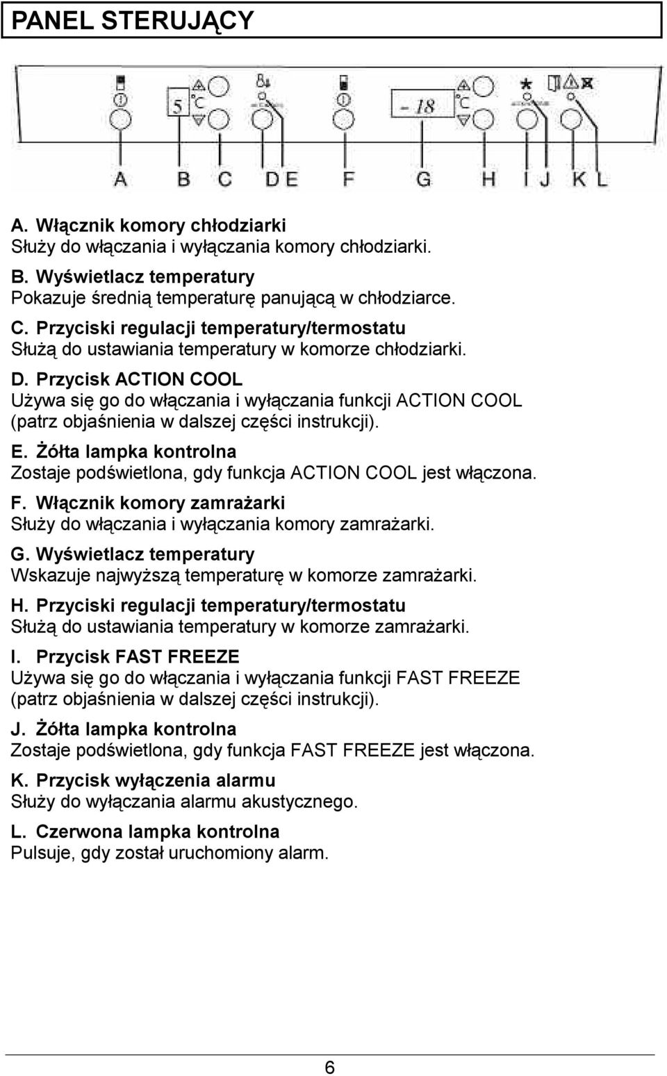 Przycisk ACTION COOL Uywa si go do wczania i wyczania funkcji ACTION COOL (patrz obja'nienia w dalszej cz'ci instrukcji). E.