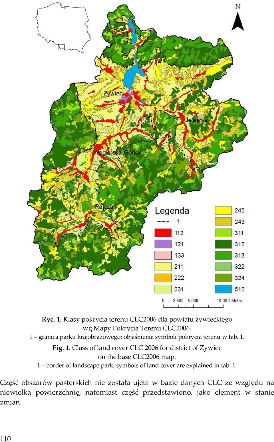 Fig. 1. Class of land cover CLC 2006 for district of Żywiec on the base CLC2006 map.