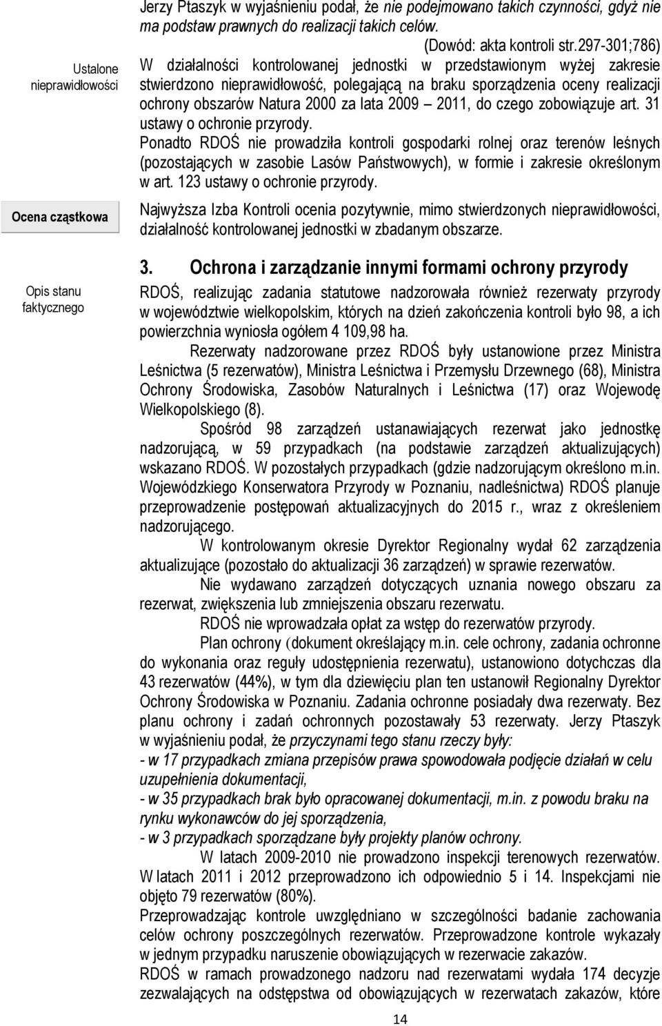 297-301;786) W działalności kontrolowanej jednostki w przedstawionym wyżej zakresie stwierdzono nieprawidłowość, polegającą na braku sporządzenia oceny realizacji ochrony obszarów Natura 2000 za lata