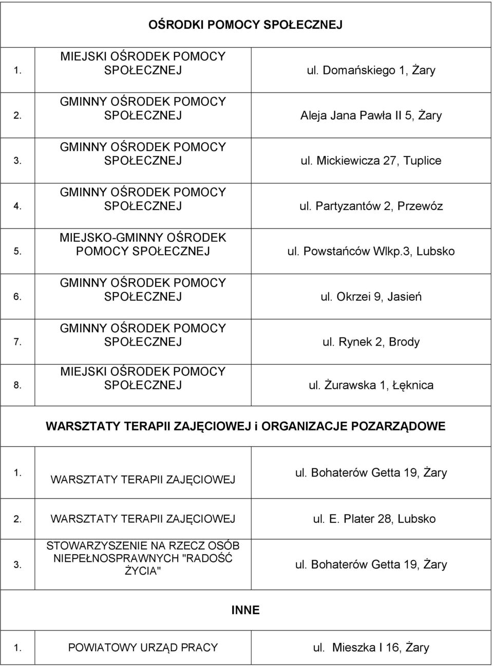 8. GMINNY OŚRODEK POMOCY SPOŁECZNEJ MIEJSKI OŚRODEK POMOCY SPOŁECZNEJ ul. Rynek 2, Brody ul. Żurawska 1, Łęknica WARSZTATY TERAPII ZAJĘCIOWEJ i ORGANIZACJE POZARZĄDOWE WARSZTATY TERAPII ZAJĘCIOWEJ ul.