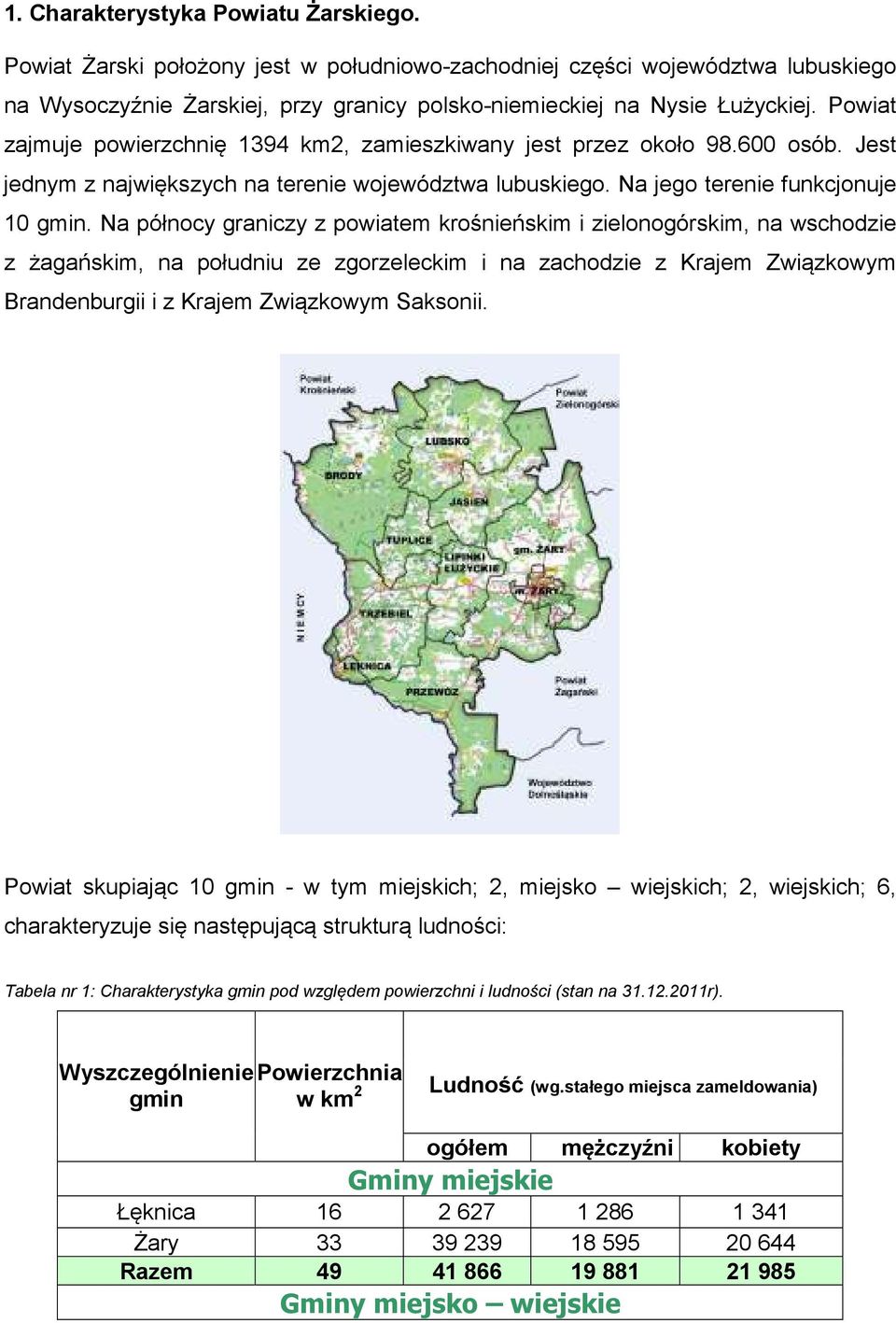 Na północy graniczy z powiatem krośnieńskim i zielonogórskim, na wschodzie z żagańskim, na południu ze zgorzeleckim i na zachodzie z Krajem Związkowym Brandenburgii i z Krajem Związkowym Saksonii.