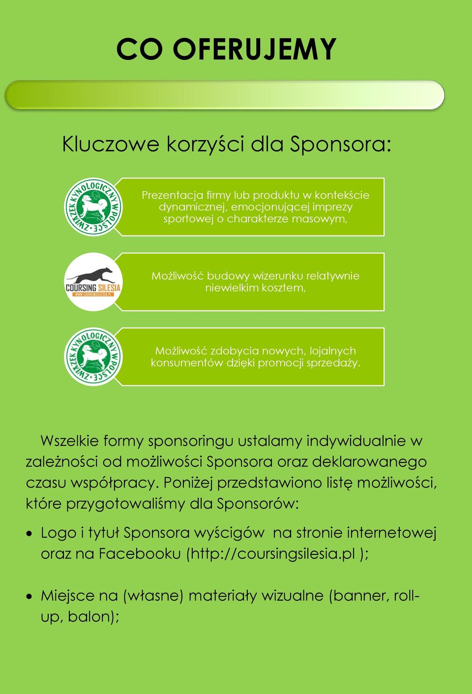 Wszelkie formy sponsoringu ustalamy indywidualnie w zależności od możliwości Sponsora oraz deklarowanego czasu współpracy.