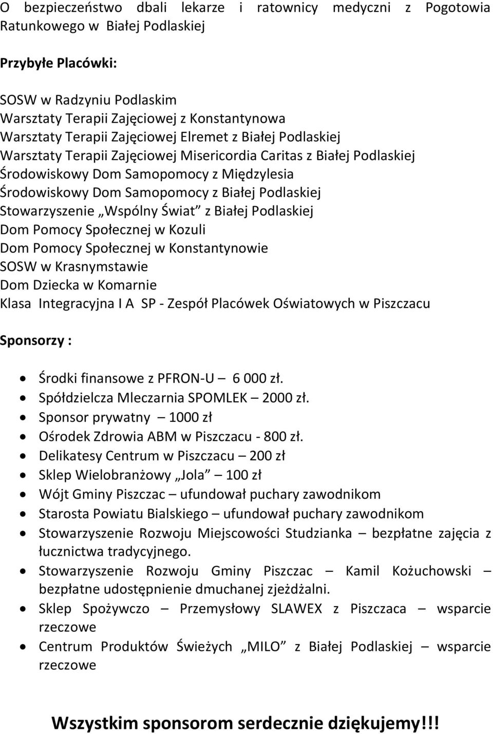 Podlaskiej Stowarzyszenie Wspólny Świat z Białej Podlaskiej Dom Pomocy Społecznej w Kozuli Dom Pomocy Społecznej w Konstantynowie SOSW w Krasnymstawie Dom Dziecka w Komarnie Klasa Integracyjna I A SP