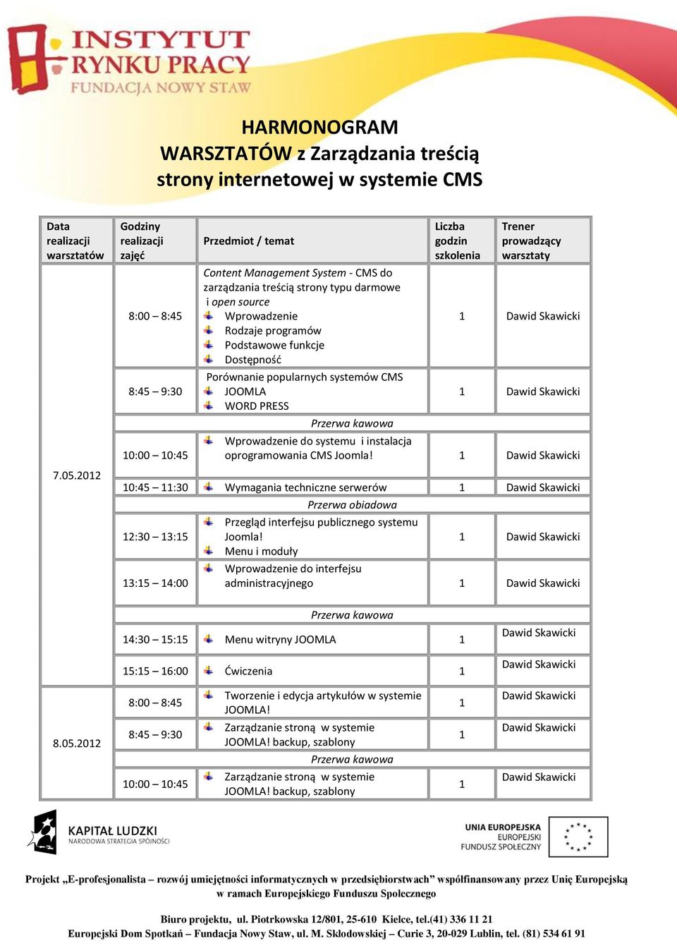 Dostępność Porównanie popularnych systemów CMS JOOMLA WORD PRESS Liczba godzin szkolenia Trener prowadzący warsztaty Wprowadzenie do systemu i instalacja oprogramowania CMS 0:45 :30 Wymagania