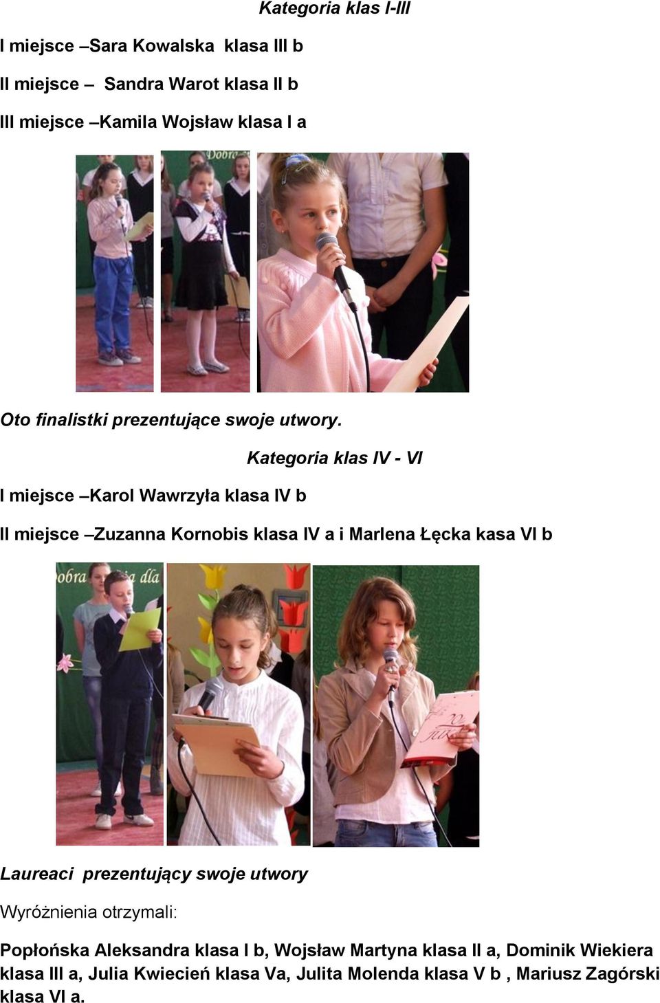 Kategoria klas IV - VI I miejsce Karol Wawrzyła klasa IV b II miejsce Zuzanna Kornobis klasa IV a i Marlena Łęcka kasa VI b