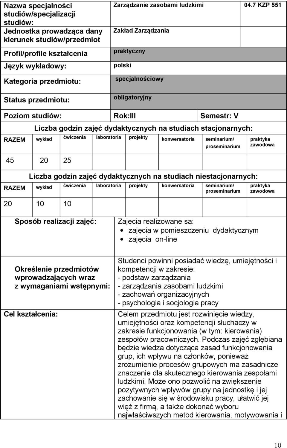 7 KZP 551 Zakład Zarządzania praktyczny polski specjalnościowy obligatoryjny Poziom studiów: Rok:III Semestr: V Liczba godzin zajęć dydaktycznych na studiach stacjonarnych: RAZEM wykład ćwiczenia