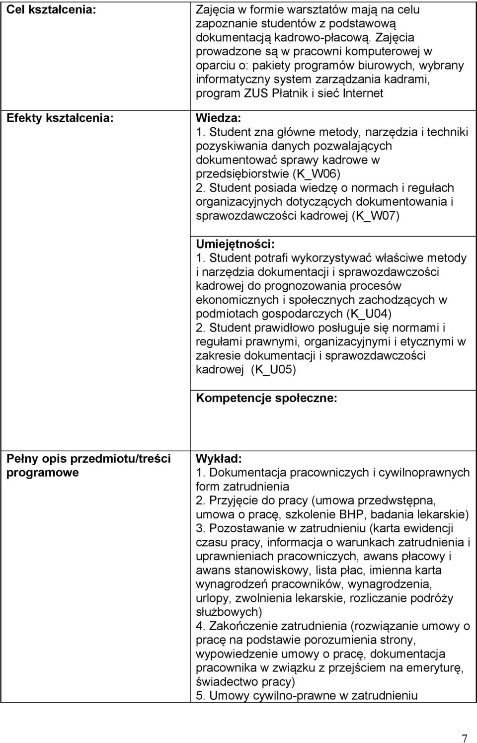 Student zna główne metody, narzędzia i techniki pozyskiwania danych pozwalających dokumentować sprawy kadrowe w przedsiębiorstwie (K_W06) 2.