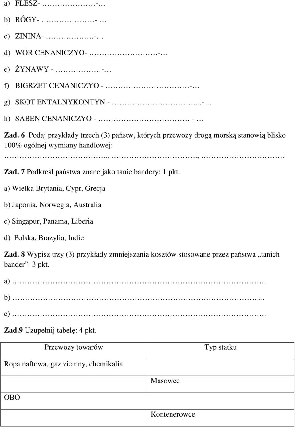 7 Podkreśl państwa znane jako tanie bandery: 1 pkt.