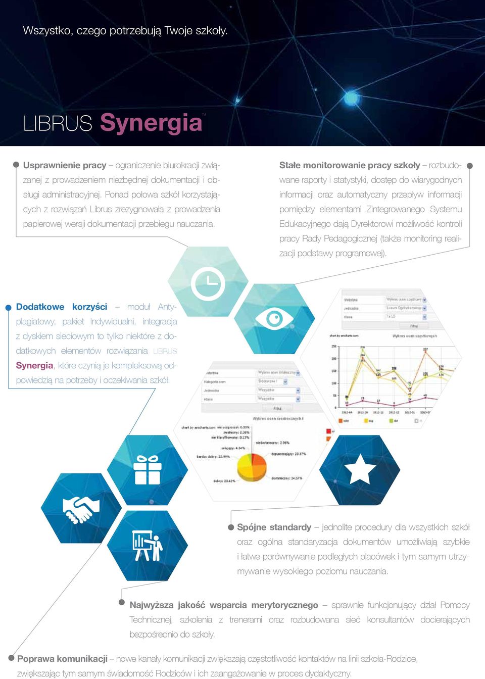 Stałe monitorowanie pracy szkoły rozbudowane raporty i statystyki, dostęp do wiarygodnych informacji oraz automatyczny przepływ informacji pomiędzy elementami Zintegrowanego Systemu Edukacyjnego dają