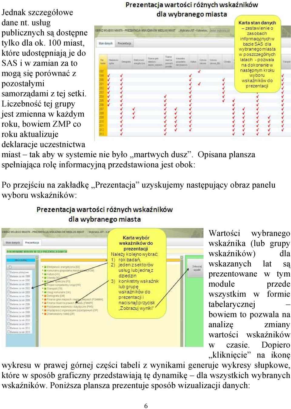 Opisana plansza spełniająca rolę informacyjną przedstawiona jest obok: Po przejściu na zakładkę Prezentacja uzyskujemy następujący obraz panelu wyboru wskaźników: Wartości wybranego wskaźnika (lub