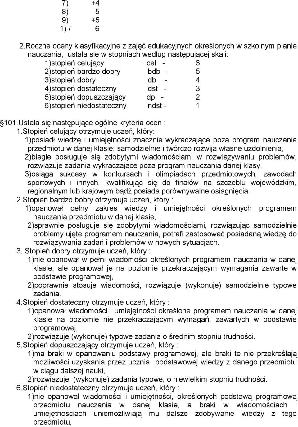 3)stopień dobry db - 4 4)stopień dostateczny dst - 3 5)stopień dopuszczający dp - 2 6)stopień niedostateczny ndst - 1 101.Ustala się następujące ogólne kryteria ocen ; 1.