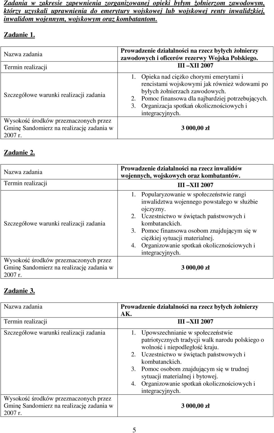 Opieka nad ciko chorymi emerytami i rencistami wojskowymi jak równie wdowami po byłych ołnierzach zawodowych. 2. Pomoc finansowa dla najbardziej potrzebujcych. 3.