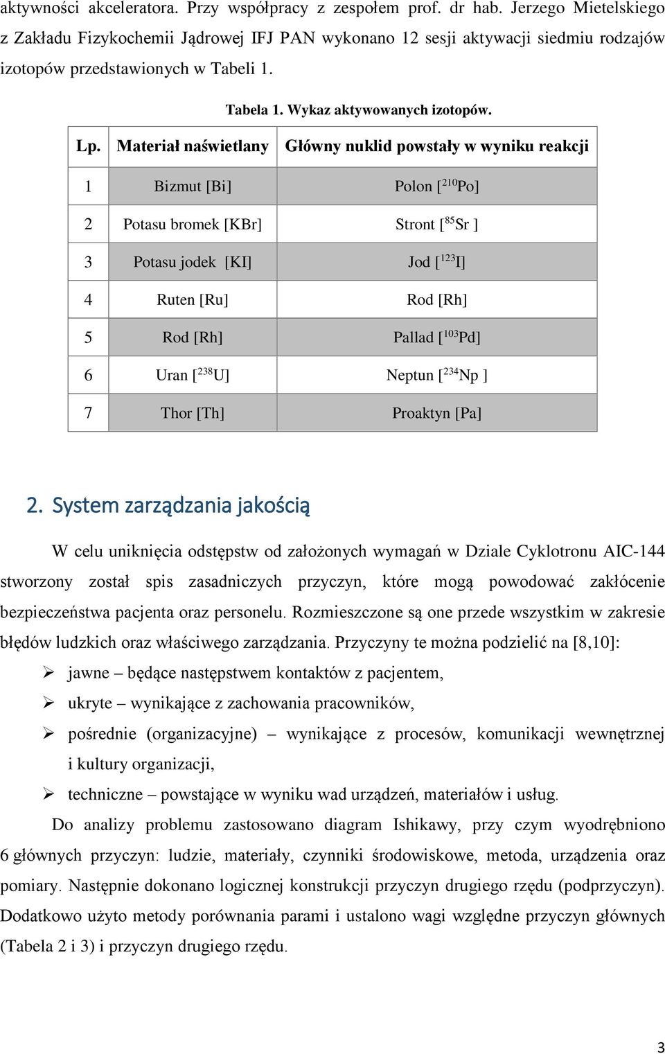 Materiał naświetlany Główny nuklid powstały w wyniku reakcji 1 Bizmut [Bi] Polon [ 210 Po] 2 Potasu bromek [KBr] Stront [ 85 Sr ] 3 Potasu jodek [KI] Jod [ 123 I] 4 Ruten [Ru] Rod [Rh] 5 Rod [Rh]