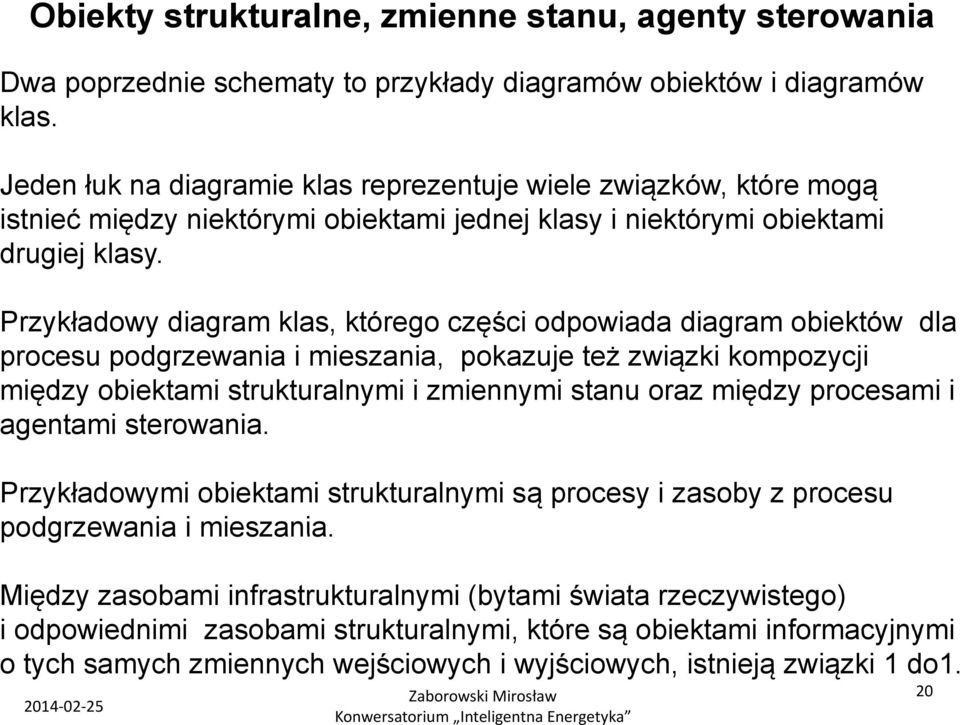 Przykładowy diagram klas, którego części odpowiada diagram obiektów dla procesu podgrzewania i mieszania, pokazuje też związki kompozycji między obiektami strukturalnymi i zmiennymi stanu oraz między