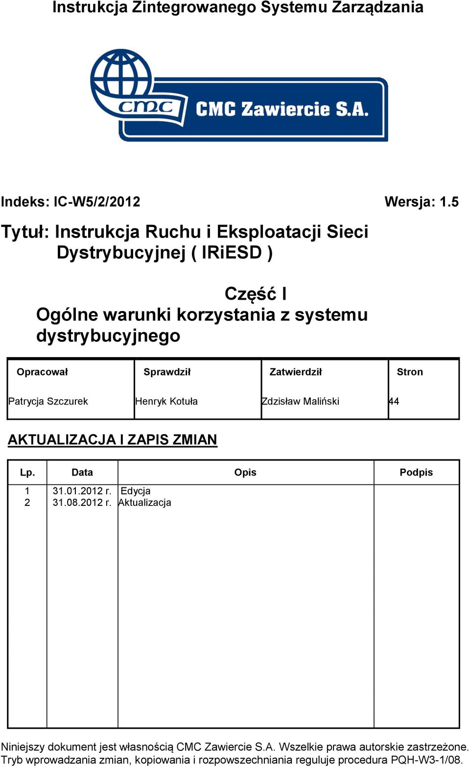 Sprawdził Zatwierdził Stron Patrycja Szczurek Henryk Kotuła Zdzisław Maliński 44 AKTUALIZACJA I ZAPIS ZMIAN Lp.