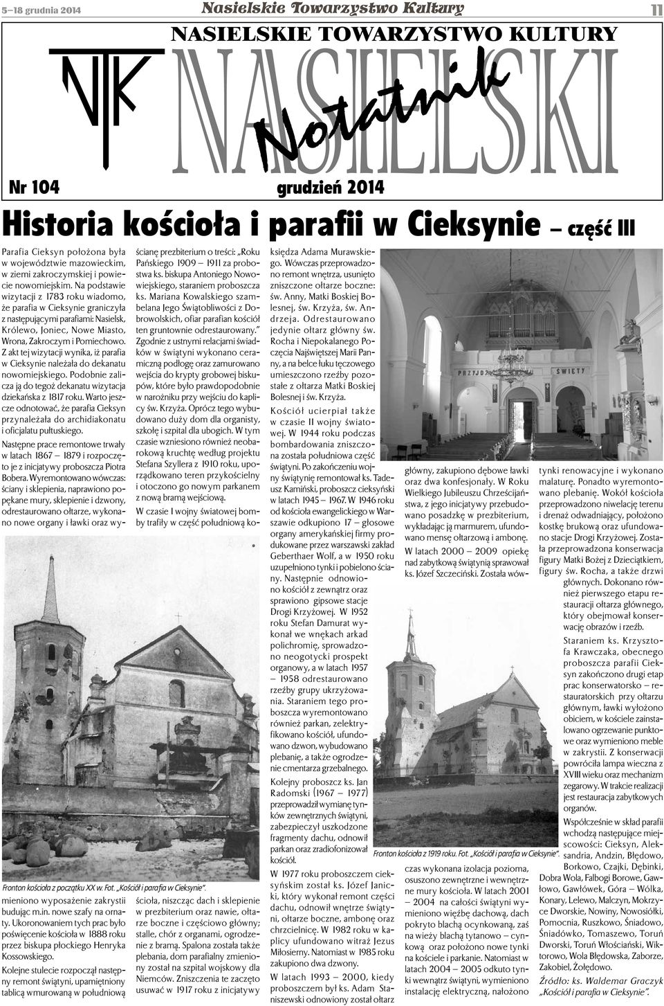 Na podstawie wizytacji z 1783 roku wiadomo, że parafia w Cieksynie graniczyła z następującymi parafiami: Nasielsk, Królewo, Joniec, Nowe Miasto, Wrona, Zakroczym i Pomiechowo.