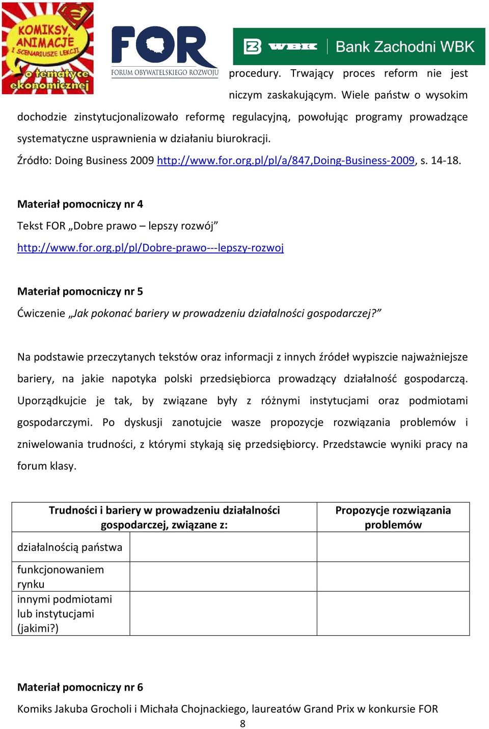 for.org.pl/pl/a/847,doing-business-2009, s. 14-18. Materiał pomocniczy nr 4 Tekst FOR Dobre prawo lepszy rozwój http://www.for.org.pl/pl/dobre-prawo---lepszy-rozwoj Materiał pomocniczy nr 5 Ćwiczenie Jak pokonać bariery w prowadzeniu działalności gospodarczej?