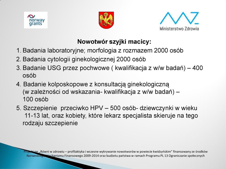 Badanie kolposkopowe z konsultacją ginekologiczną (w zależności od wskazania- kwalifikacja z w/w badań) 100 osób 5.