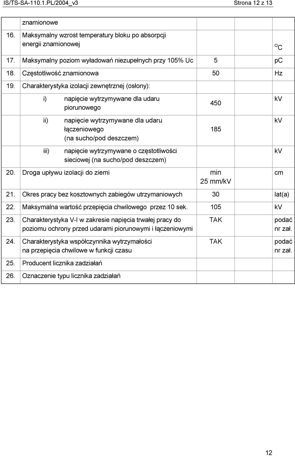 Charakterystyka izolacji zewnętrznej (osłony): i) napięcie wytrzymywane dla udaru piorunowego 450 kv ii) napięcie wytrzymywane dla udaru łączeniowego (na sucho/pod deszczem) 185 kv iii) napięcie