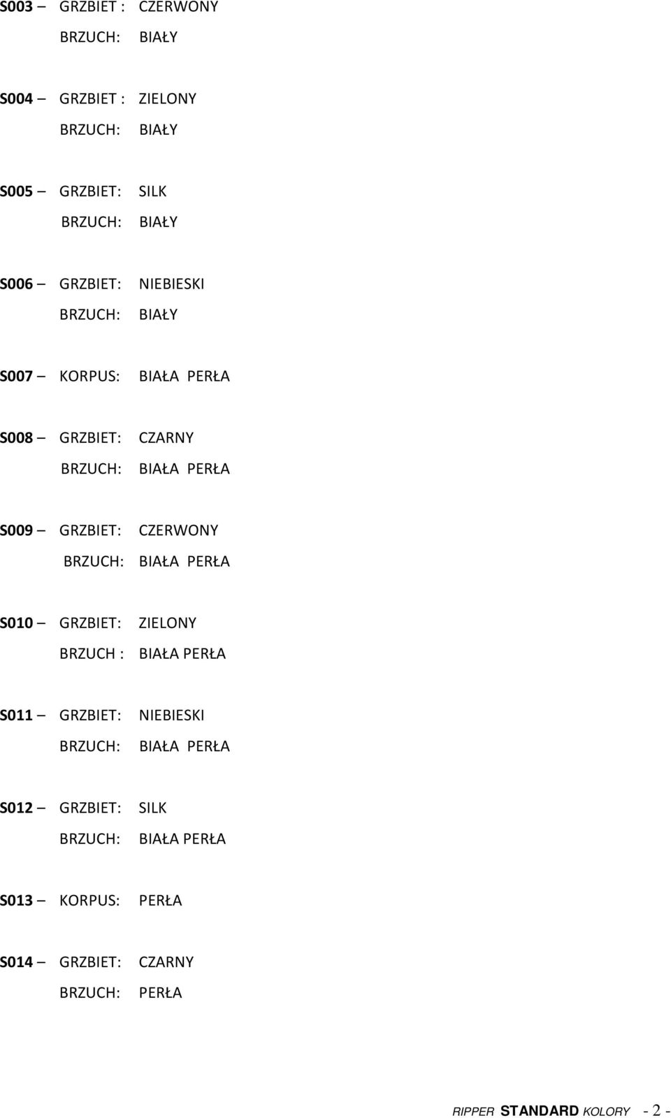 PERŁA S010 GRZBIET: BRZUCH : BIAŁA PERŁA S011 GRZBIET: BIAŁA PERŁA S012