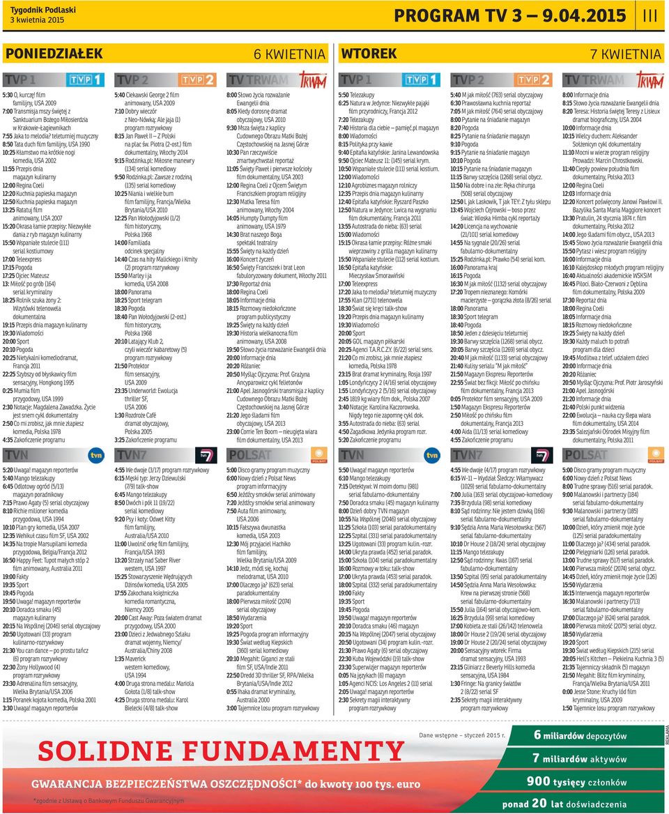 teleturniej muzyczny 8:50 Tata duch film familijny, USA 1990 10:25 Kłamstwo ma krótkie nogi komedia, USA 2002 11:55 Przepis dnia magazyn kulinarny 12:00 Regina Coeli 12:20 Kuchnia papieska magazyn