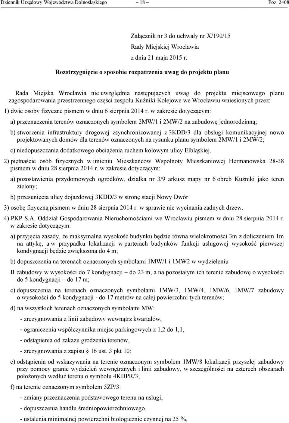 Kuźniki Kolejowe we Wrocławiu wniesionych przez: 1) dwie osoby fizyczne pismem w dniu 6 sierpnia 2014 r.