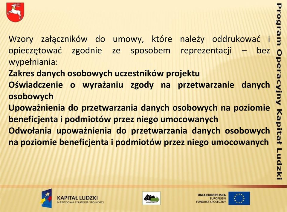 osobowych Upoważnienia do przetwarzania danych osobowych na poziomie beneficjenta i podmiotów przez niego