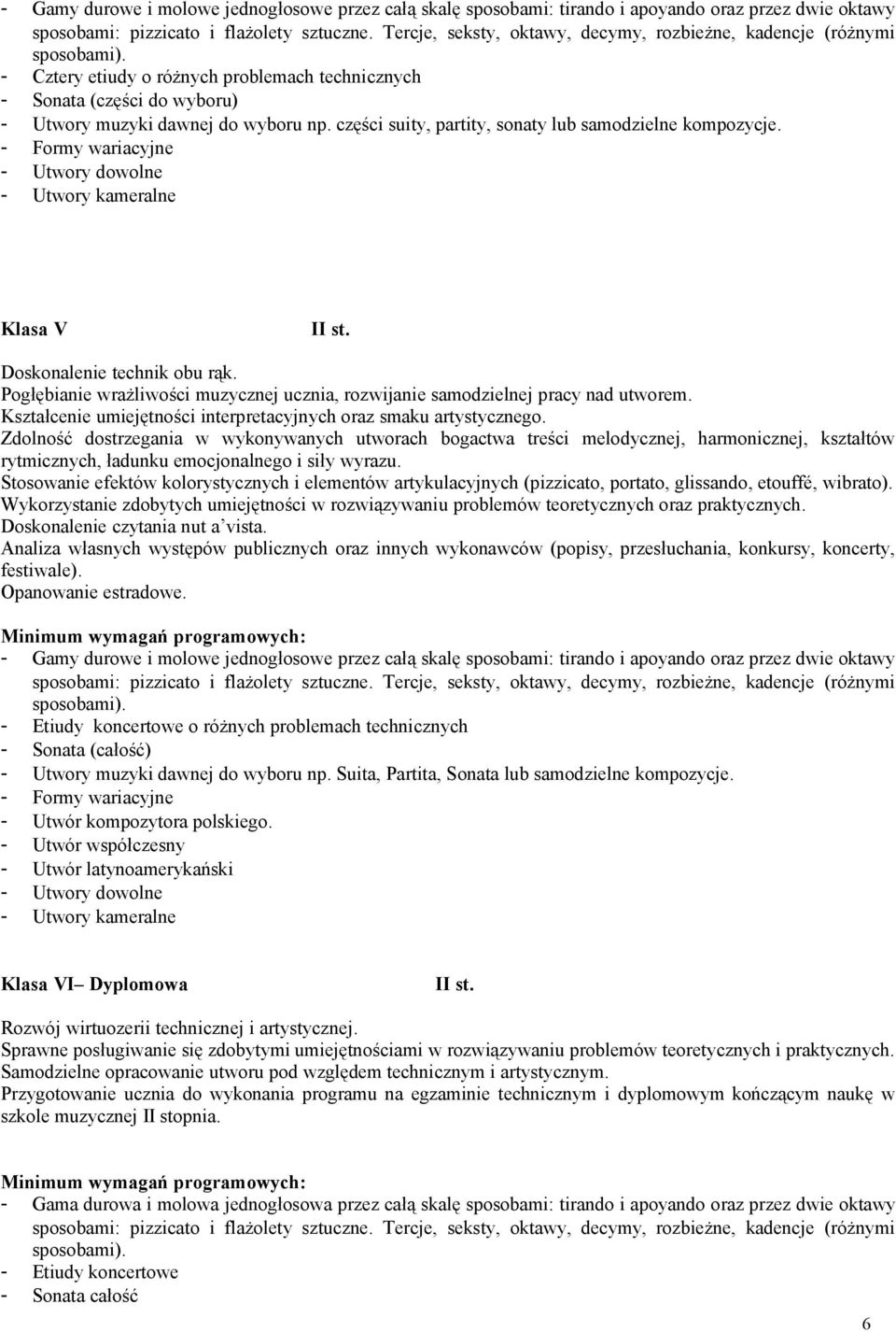 części suity, partity, sonaty lub samodzielne kompozycje. - Utwory kameralne Klasa V Doskonalenie technik obu rąk. Pogłębianie wrażliwości muzycznej ucznia, rozwijanie samodzielnej pracy nad utworem.