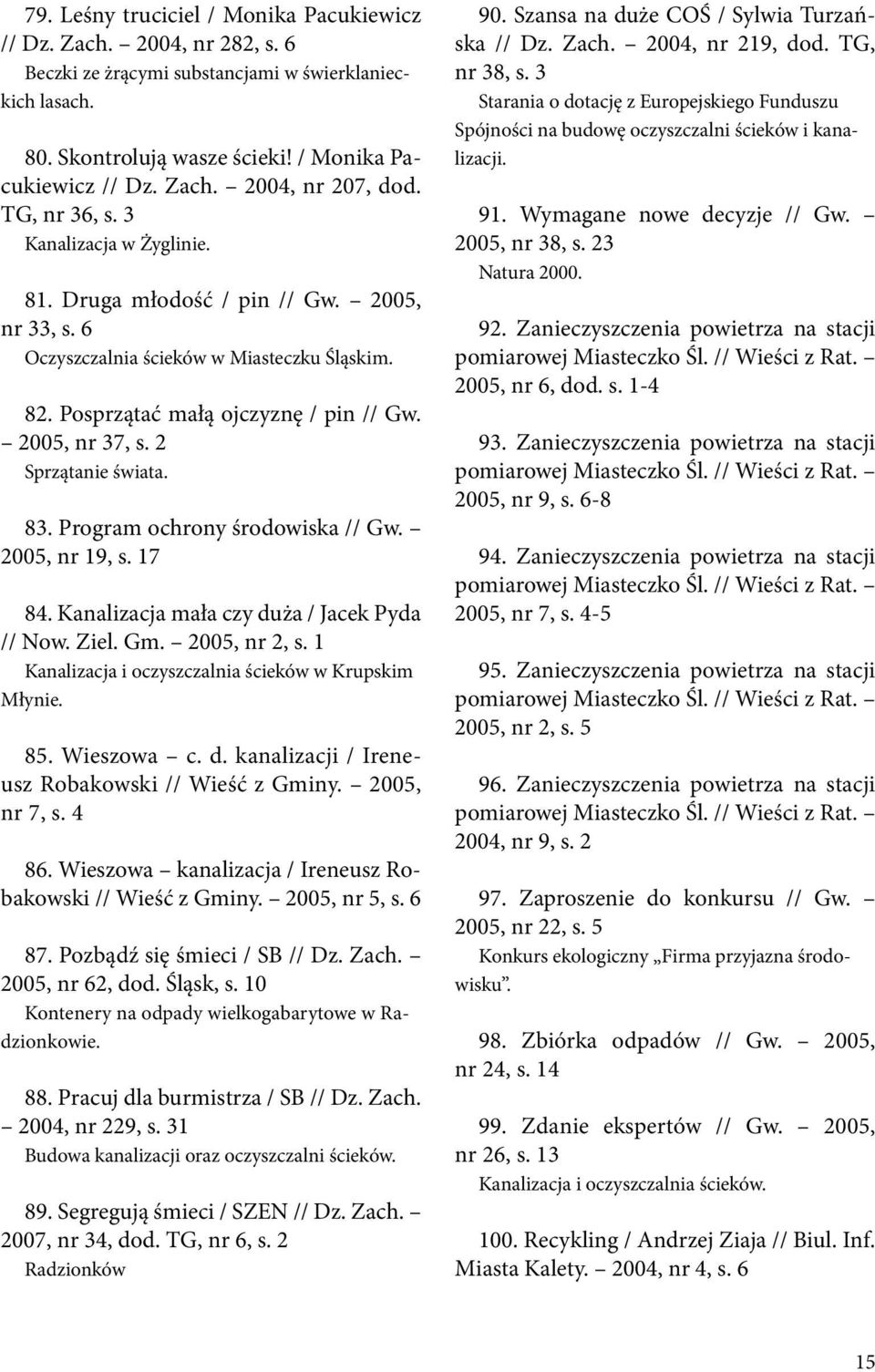 2 Sprzątanie świata. 83. Program ochrony środowiska // Gw. 2005, nr 19, s. 17 84. Kanalizacja mała czy duża / Jacek Pyda // Now. Ziel. Gm. 2005, nr 2, s.