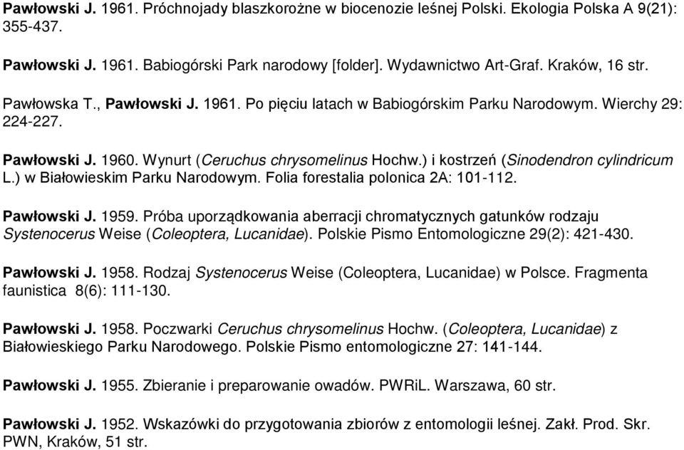 ) w Białowieskim Parku Narodowym. Żolia forestalia polonica 2AŚ 101-112. Pawłowski J. 1959. Próba uporządkowania aberracji chromatycznych gatunków rodzaju Systenocerus Weise (Coleoptera, Lucanidae).