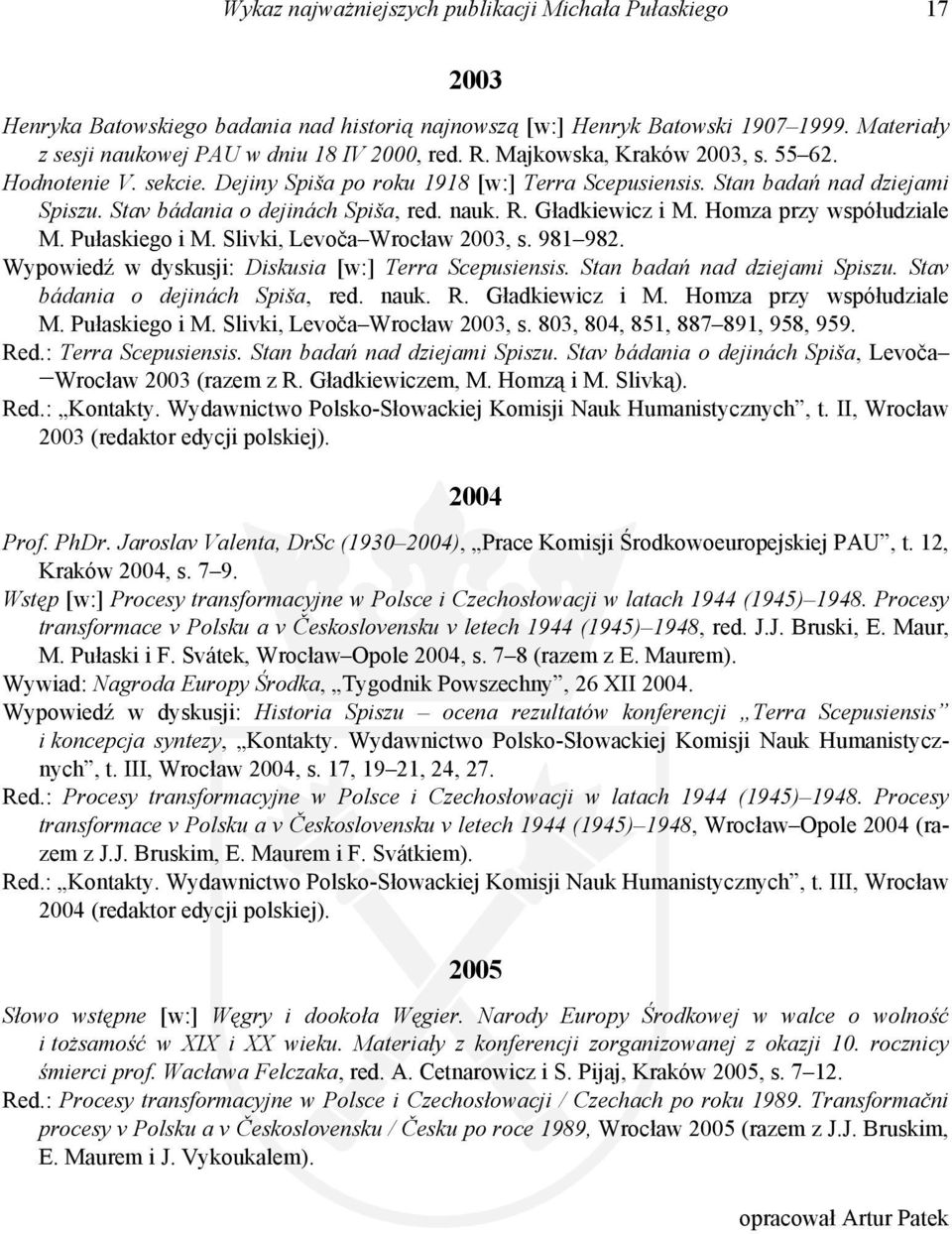 Homza przy współudziale M. Pułaskiego i M. Slivki, Levoča Wrocław 2003, s. 981 982. Wypowiedź w dyskusji: Diskusia [w:] Terra Scepusiensis. Stan badań nad dziejami Spiszu.