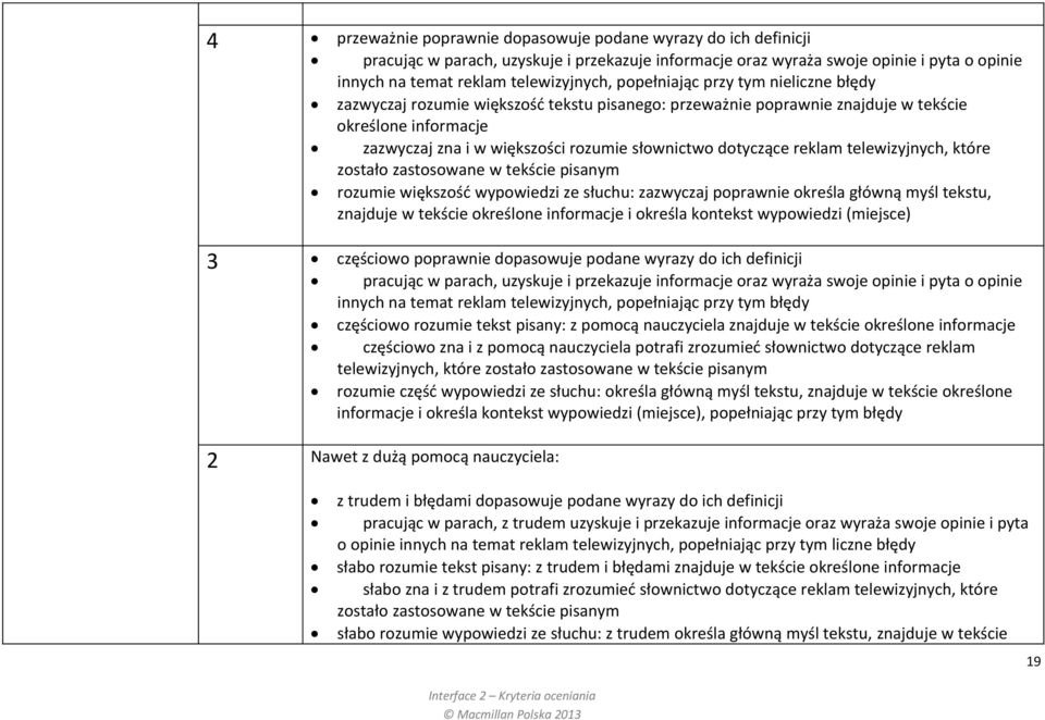 dotyczące reklam telewizyjnych, które zostało zastosowane w tekście pisanym rozumie większość wypowiedzi ze słuchu: zazwyczaj poprawnie określa główną myśl tekstu, znajduje w tekście określone