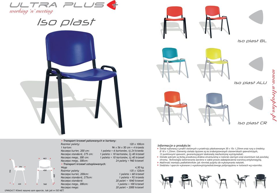 40 krzeseł 24 palety = 960 krzeseł 4,50 kg 135 x 120cm 1 paleta = 60 krzeseł 1 paleta = 92 krzesła 20 palet = 1840 krzeseł 1 paleta = 100 krzeseł 20 palet = 2000 krzeseł UWAGA!