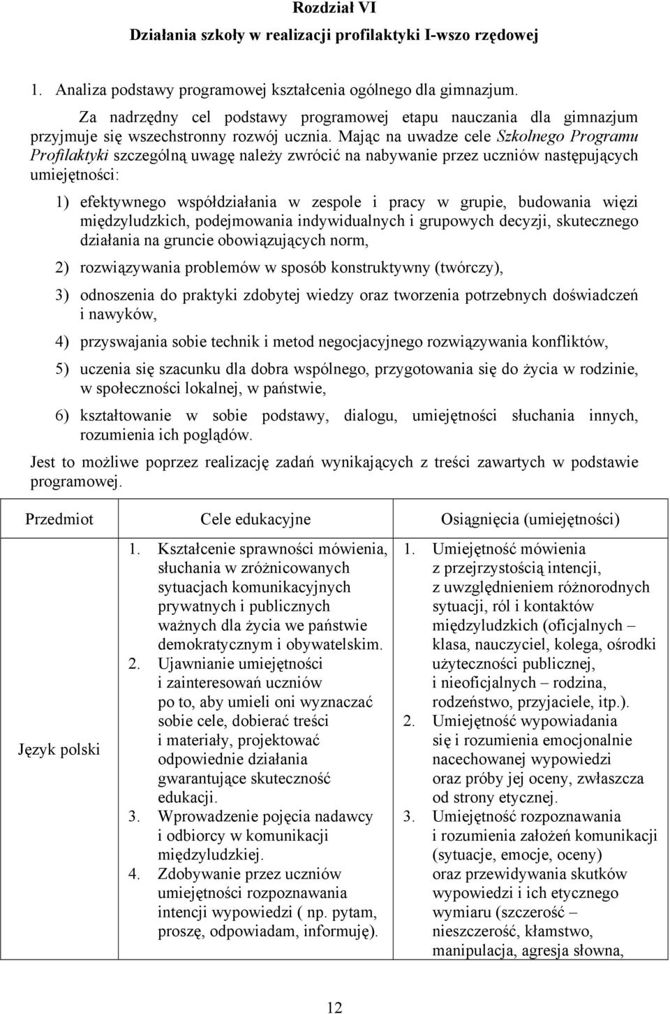 Mając na uwadze cele Szkolnego Programu Profilaktyki szczególną uwagę należy zwrócić na nabywanie przez uczniów następujących umiejętności: 1) efektywnego współdziałania w zespole i pracy w grupie,