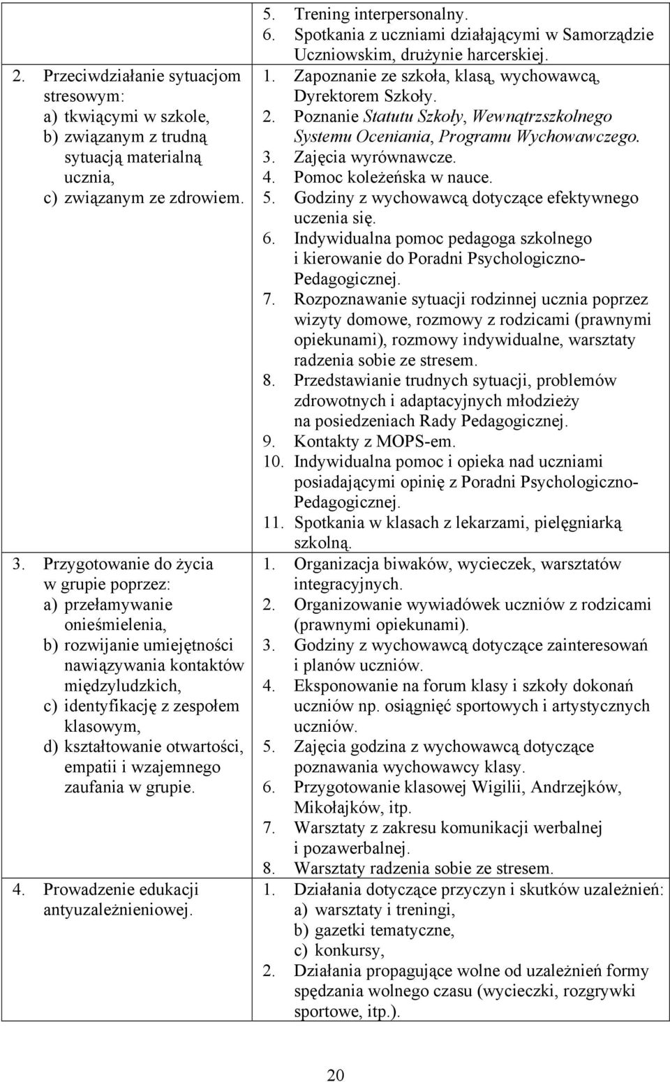 otwartości, empatii i wzajemnego zaufania w grupie. 4. Prowadzenie edukacji antyuzależnieniowej. 5. Trening interpersonalny. 6.