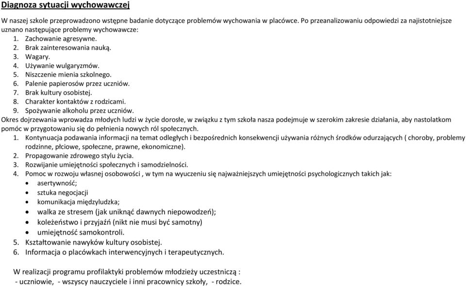 Niszczenie mienia szkolnego. 6. Palenie papierosów przez uczniów. 7. Brak kultury osobistej. 8. Charakter kontaktów z rodzicami. 9. Spożywanie alkoholu przez uczniów.