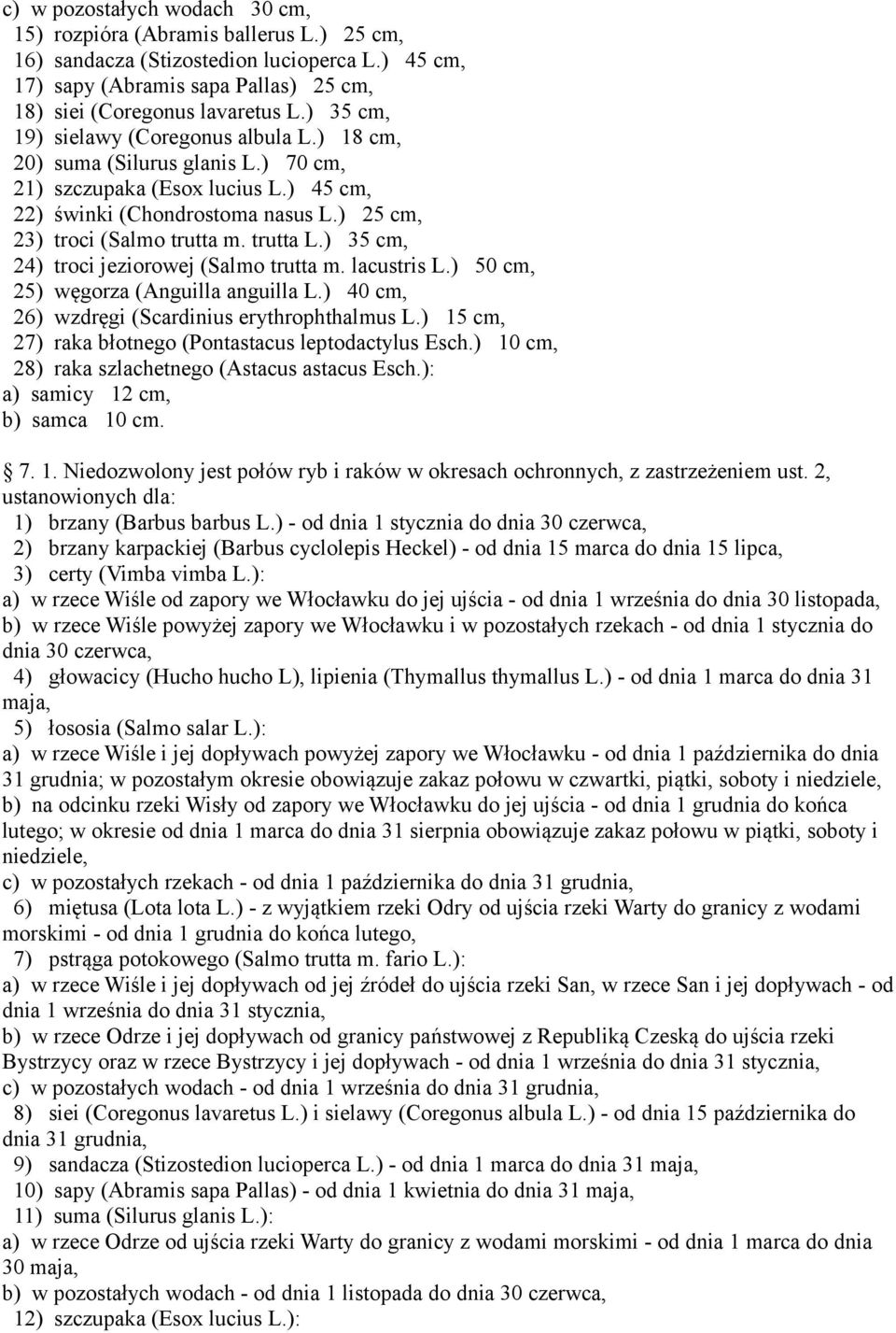 trutta L.) 35 cm, 24) troci jeziorowej (Salmo trutta m. lacustris L.) 50 cm, 25) węgorza (Anguilla anguilla L.) 40 cm, 26) wzdręgi (Scardinius erythrophthalmus L.