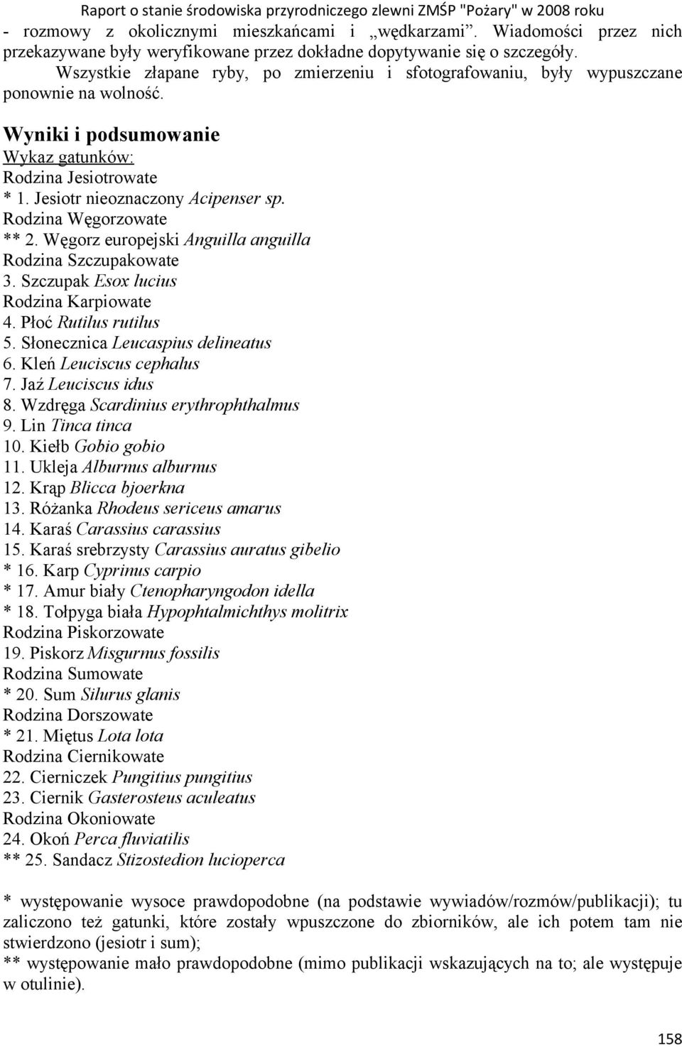 Rodzina Węgorzowate ** 2. Węgorz europejski Anguilla anguilla Rodzina Szczupakowate 3. Szczupak Esox lucius Rodzina Karpiowate 4. Płoć Rutilus rutilus 5. Słonecznica Leucaspius delineatus 6.