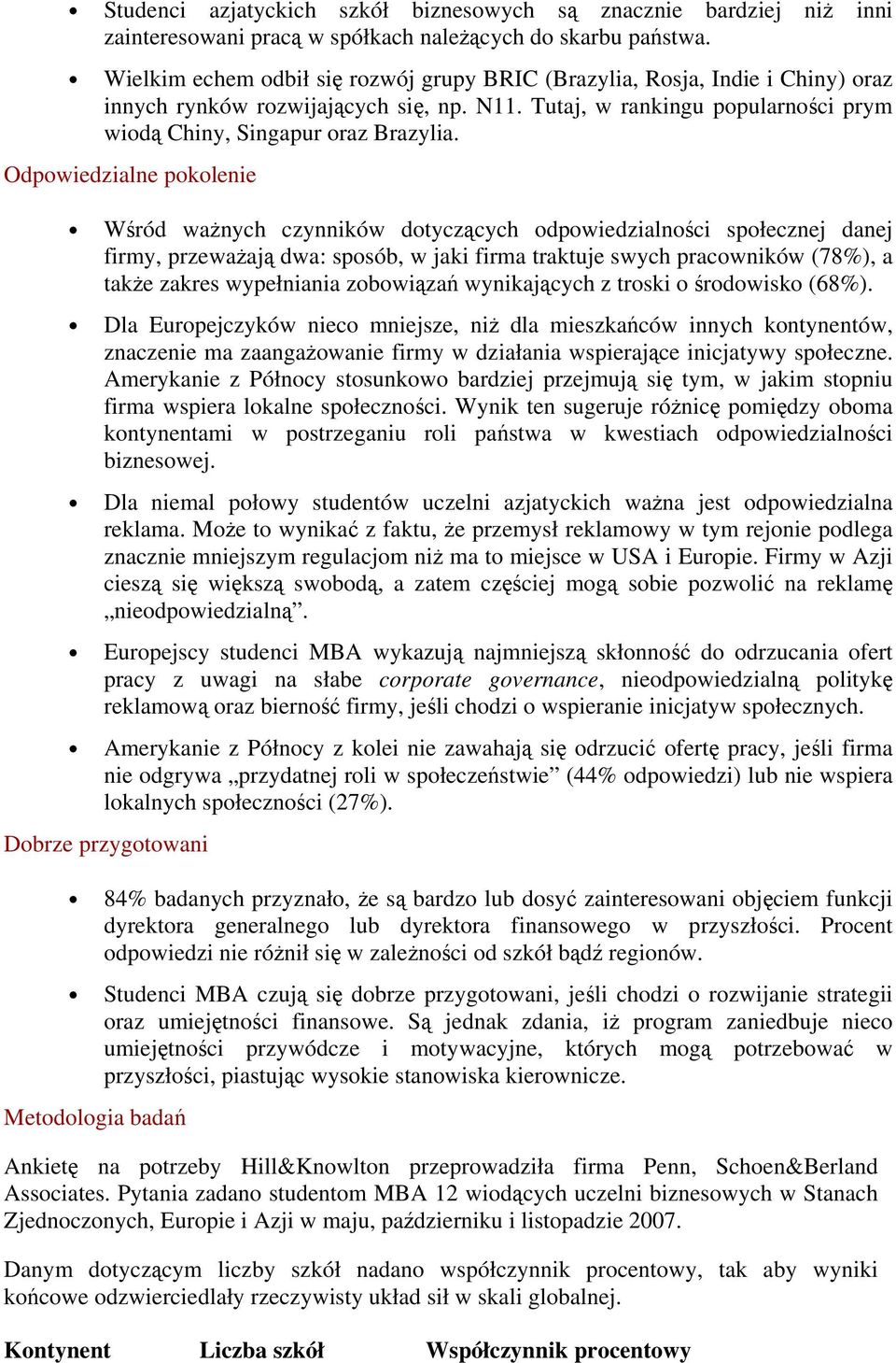 Odpowiedzialne pokolenie Wśród ważnych czynników dotyczących odpowiedzialności społecznej danej firmy, przeważają dwa: sposób, w jaki firma traktuje swych pracowników (78%), a także zakres