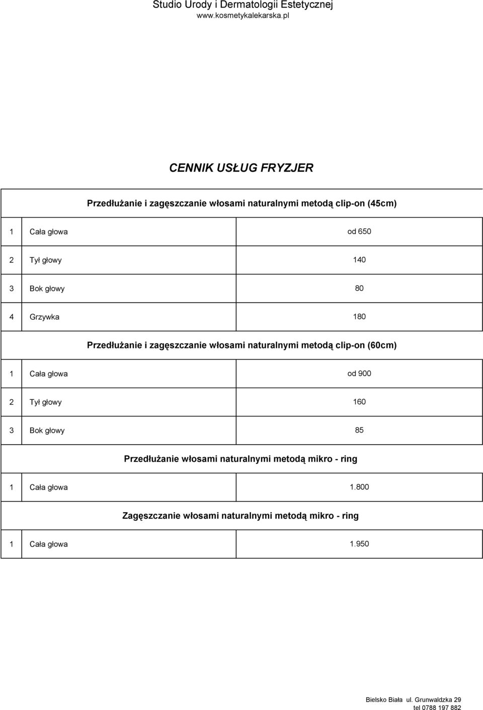 metodą clip-on (60cm) 1 Cała głowa od 900 2 Tył głowy 160 3 Bok głowy 85 Przedłużanie włosami