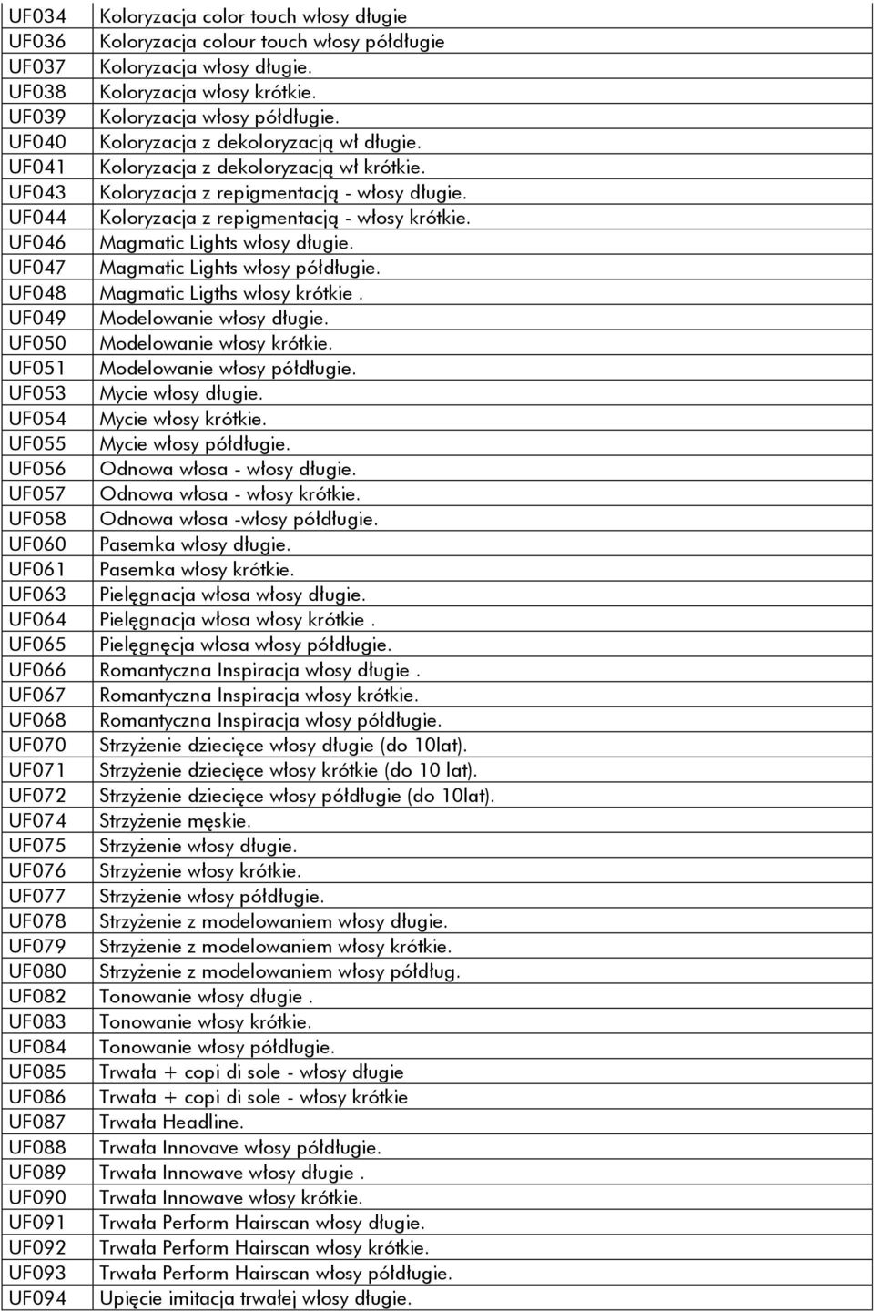 UF046 Magmatic Lights włosy długie. UF047 Magmatic Lights włosy półdługie. UF048 Magmatic Ligths włosy krótkie. UF049 Modelowanie włosy długie. UF050 Modelowanie włosy krótkie.