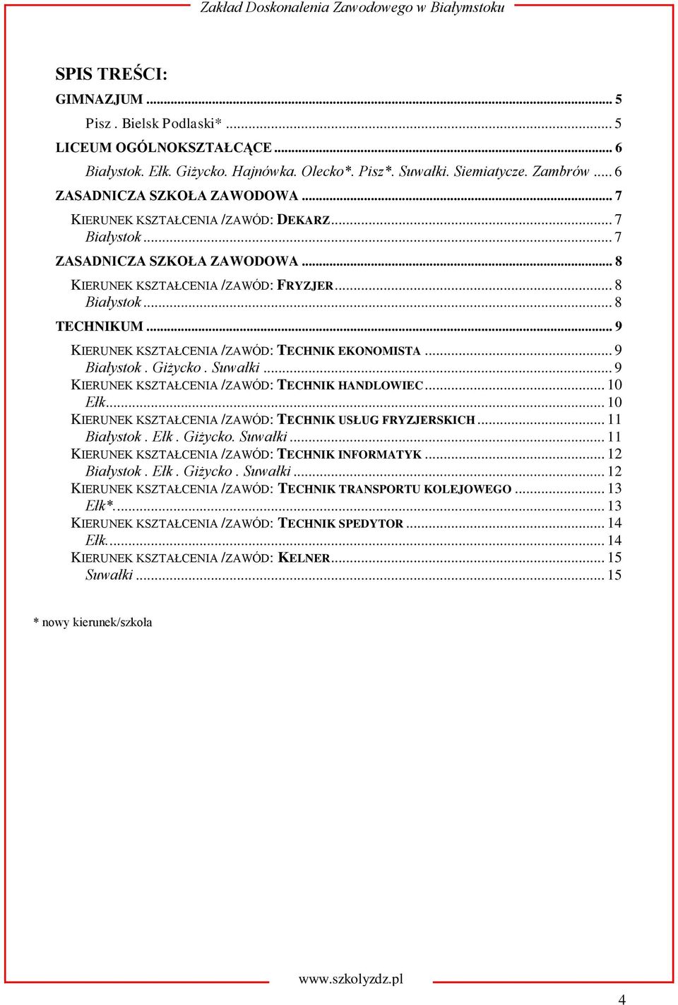 .. 9 KIERUNEK KSZTAŁCENIA /ZAWÓD: TECHNIK EKONOMISTA... 9 Białystok. Giżycko. Suwałki... 9 KIERUNEK KSZTAŁCENIA /ZAWÓD: TECHNIK HANDLOWIEC... 10 Ełk.